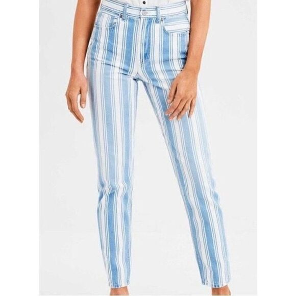 🔴 American Eagle blue and white striped mom jeans size size 6 - Picture 1 of 16